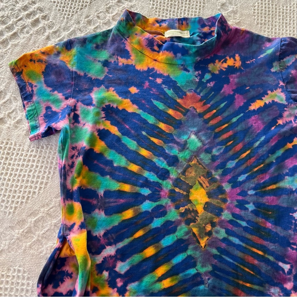 Saisby by Cg Vibrant Hand Tie-Dyed Mock Neck Dress Top Side Split Hem Cotton - Picture 11 of 15
